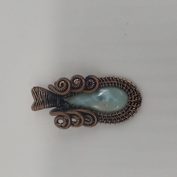 764- Larimar Natural Stone Wire Wrapped Pendant Necklace Handmade NWT - Picture 1 of 7